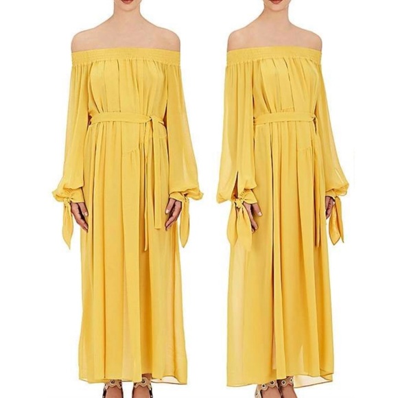 Derek Lam Dresses & Skirts - Derek Lam Yellow Silk Georgette Off the Shoulder Belted Dress Size 4